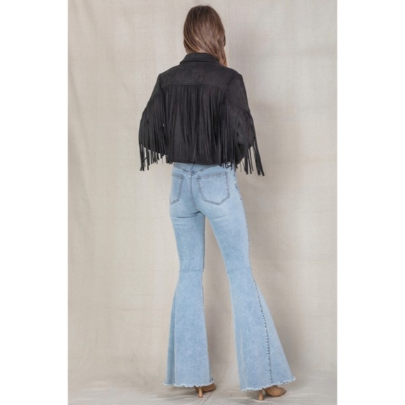 SOLD OUT Black Faux Leather Suede Fringe Cropped Western Boho Moto Jacket - Picture 8 of 8